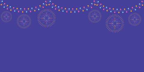 Happy birthday background. Carnival holiday banner with colorful light garland and fireworks. Party greeting card. Cartoon vector poster template for birthday celebration isolated on blue