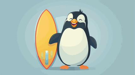 Happy penguin holding surfboard Vector illustration.