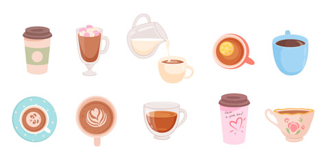 Tea and coffee cups vector illustration set. Collection of cartoon hot drinks in teacups and glasses. Cafe or restaurant icons. Breakfast time