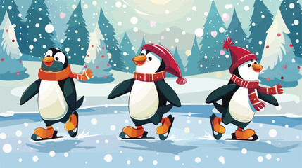 Happy Penguins ice skates on the lake Vector illustration