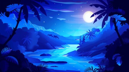 Wild tropical woodland nature mysterious illustration with moonlight ray on coast in a fantasy forest spooky modern background. Dark fantasy fairytale jungle landscape adventure scene with river.