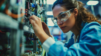 A female american electrical engineer troubleshooting a complex circuit board in a high-tech laboratory
