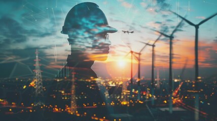 The silhouette of an engineer with a hard hat and safety glasses is superimposed on a background of a city at sunset. The engineer is looking at a wind turbine. - obrazy, fototapety, plakaty