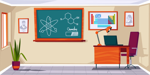 Chemistry classroom school interior background. Lab experiment equipment. Science class with green blackboard, desk, laboratory experiment equipment. Cartoon vector illustration