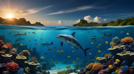 Background of Islands and underwater coral reef with T