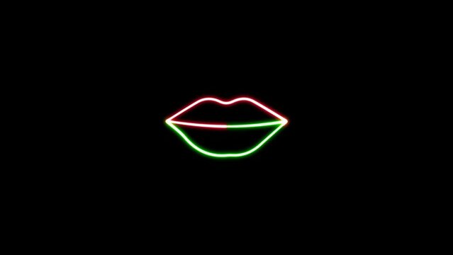 Neon glowing red and green color Lip icon animation in black background. Neon Style Lips animation. Neon woman lips animation.