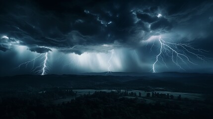 Dramatic Night Sky Illuminated by Intense Lightning Storm Over Rural Landscape