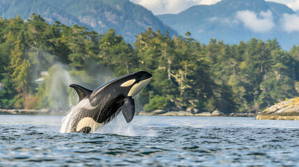 A magnificent killer whale jumping over the water surface