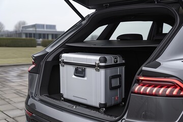 modern suitcase in the trunk of a car. Traveling by car