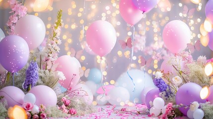 Birthday Beauty with Balloons and Flowers