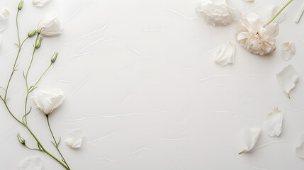 Blank  invitation card mockup with gentle dried flowers on white paper background. Top view copy space for text