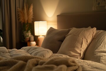A bed with a white comforter and two pillows. The room is dimly lit, creating a cozy and relaxing atmosphere