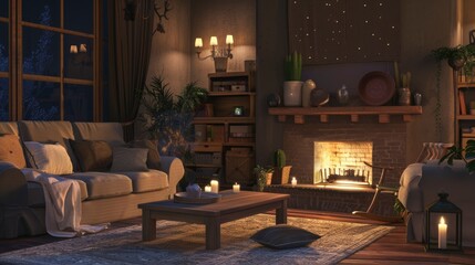 Fototapeta na wymiar A cozy living room with a fireplace and a couch. The room is dimly lit, creating a warm and inviting atmosphere. There are several potted plants scattered throughout the space