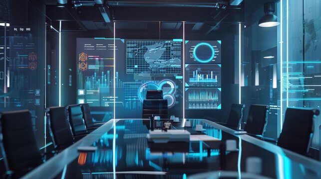 A futuristic office with a large computer monitor and a few chairs. The room is filled with technology and has a modern, high-tech vibe