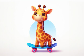 A whimsical cartoon giraffe, grinning from ear to ear, confidently balances atop a vibrant skateboard against a clean white backdrop.