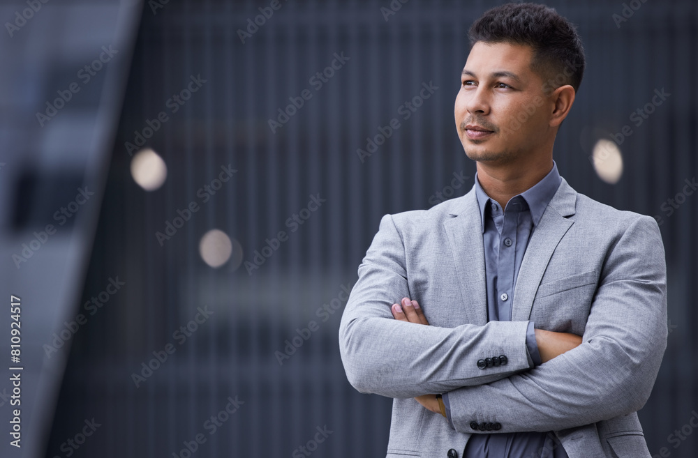 Poster Arms crossed, thinking and vision with business man in city for future, inspiration or opportunity. Building, confidence and planning with corporate employee in suit with idea for professional career