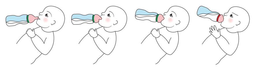 The three steps to give baby feed with baby bottle. Isolated. Vector illustration.