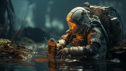 astronaut growing green plants in space