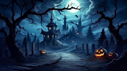 realistic Halloween background with creepy landscape of night sky ,burning pumpkins