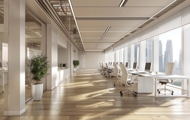 A modern office with white desks and chairs, large windows overlooking the city skyline, light wood flooring, and white ceiling paneling