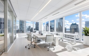 A modern office with white desks and chairs, large windows overlooking the city skyline, light wood flooring, and white ceiling paneling