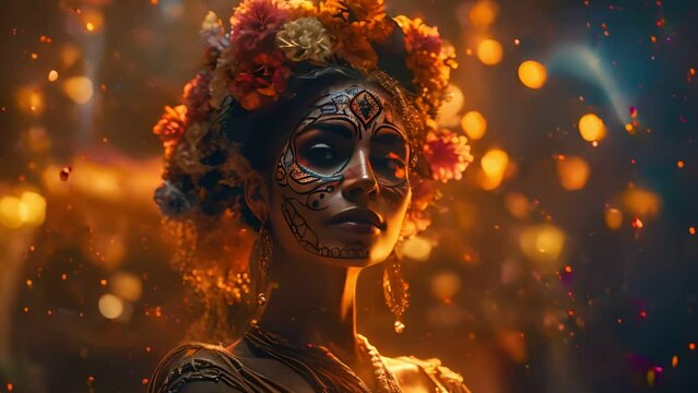 Beautiful woman dancing mexican for the Day of the Dead , Perfect beautiful dia de muertos background