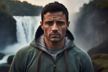 Fototapeta premium Portrait of a glad man in his 30s sporting a comfortable hoodie isolated in backdrop of a spectacular waterfall