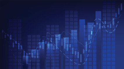 stock market candlesticks and bar chart on blue background