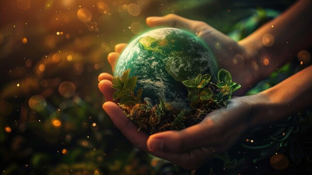 World Environment Day Earth Day and concepts of Corporate Social Responsibility CSR and Environmental Social and Governance ESG are symbolized by a green planet held in the hands of voluntee