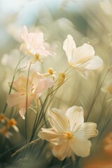 Obraz premium A field of flowers with a bright, sunny day. The flowers are white and yellow, and they are scattered throughout the field. Scene is peaceful and serene, as the flowers are in full bloom