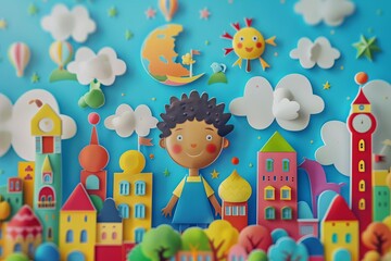 Colorful Toy Cityscape with a Happy Child for World Childrens Rights Day, featuring interactive elements and animations to educate - obrazy, fototapety, plakaty