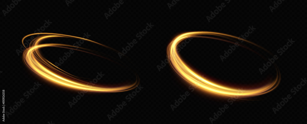 Poster Shiny vortex rings shimmer on a transparent background. Sparkling circles with light effect. Light circle swirl neon lighting effect, spiral light lines.