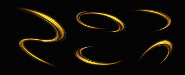 Shiny vortex rings shimmer on a transparent background. Sparkling circles with light effect. Light circle swirl neon lighting effect, spiral light lines.