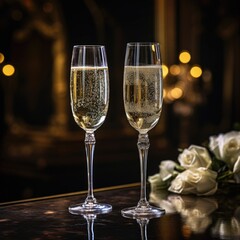 A romantic setting with champagne flutes for celebration or intimate moments