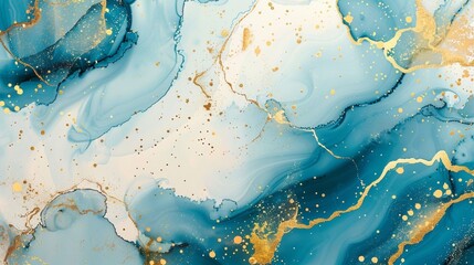 Abstract blue and gold paint splash background with golden stains. Cyan marble alcohol ink drawing...