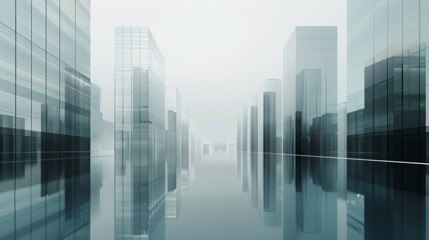 Minimalist Business District: Prosperous Financial Center with Tiled Buildings and Semi-Transparent Reflections