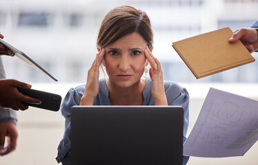 Business people, woman and portrait with headache, burnout and anxiety with deadline, overwhelmed and laptop. Stress, employee and consultant with computer, chaos and multitasking with mental health
