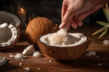 Person peeling coconut on wooden table for food recipe