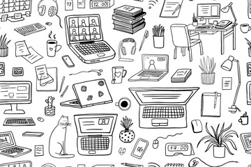 Seamless pattern of laptops, computers with PC mouse, keyboard, headphones, books, plants. Office, home office, freelance work, coworking, teaching or studying at home. Working online. Hand drawn