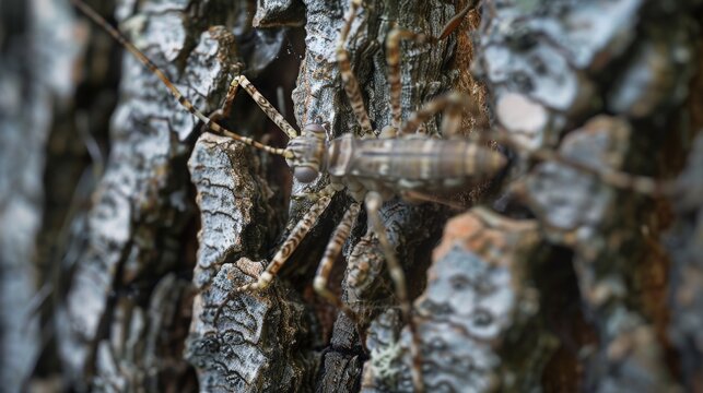 A stick insect perfectly camouflaged on a tree trunk.