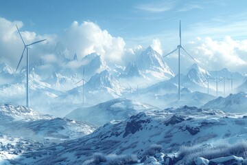 Obraz premium Wind turbines on snowcovered mountain create stunning natural landscape