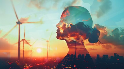 The silhouette of a woman's face is superimposed over a colorful background of wind turbines and a setting sun.