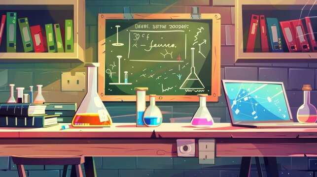 Cartoon illustration of a chemistry classroom on a desk with a laptop and books, a board with formulas, color liquids in glassware, and a tv on the wall.