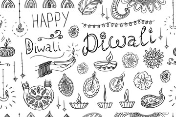 Beautiful seamless pattern of Diwali festival objects and symbols. Flowers, lit candles, fire. Celebrating the Indian festival Happy Diwali. Great for greeting card, banner, poster. Hand drawn