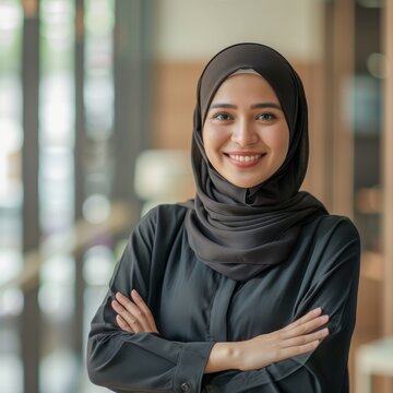 Portrait of Islamic woman businesswoman 25-35 years with office background