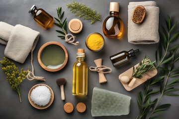Various plantbased cosmetics, essential oils, and ingredients on the table
