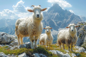 Fototapeta premium Herd of goats grazing in natural grassland on mountain top