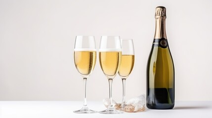 Set of Three Golden Wine Glasses Filled with Champagne