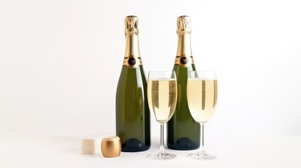 Obraz premium A trio of Champagne bottles and wine glasses on a dining table