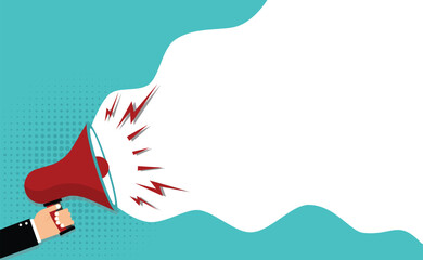Male hand holding megaphone with speech bubble. Loudspeaker.Banner for business.